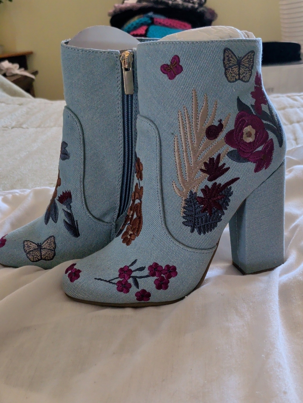 BAMBOO Light Blue Denim Embroidered Floral & Butterfly Ankle Boots